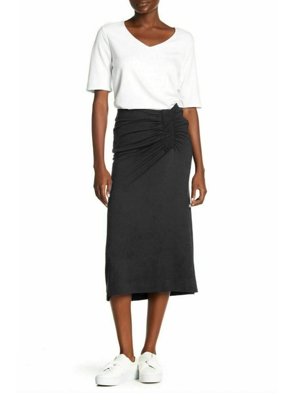 Gibson Ruched Ponte Midi Skirt in Black - sz XL
